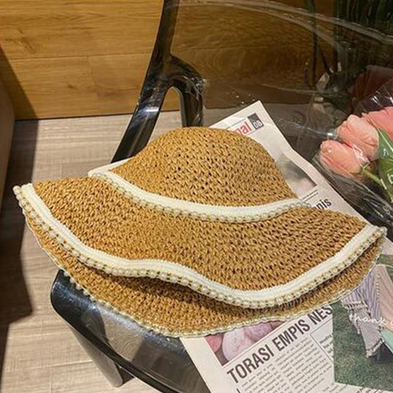 Pearl Crochet Straw Hat Summer Travel Sunshade Fisherman Hat Foldable Beach Vacation