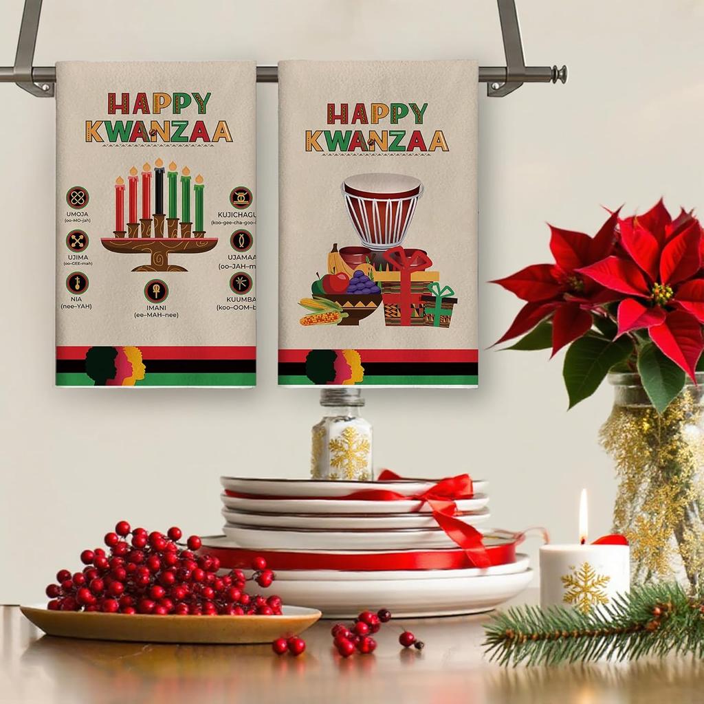 Kwanzaa Kitchen Towels Decorative Set Kinara N Drum Fruit Dish Towels N Heritage Holiday Decor Happy Kwanzaa Decorations for Home