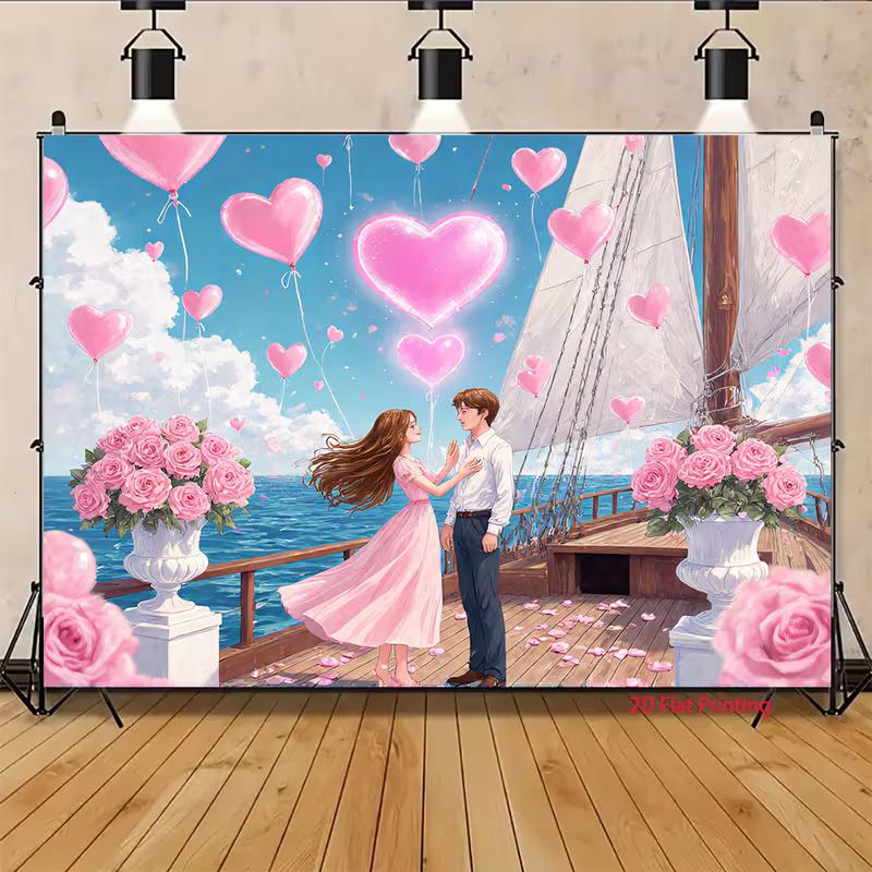 Dreamy Valentine Sailboat Tapestry, Anime Couple on Deck with Pink Heart Balloons and Ocean View, Sweet Romantic Wall Art