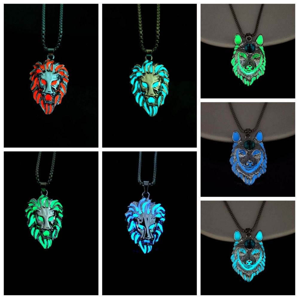 Zinc Zinc Alloy Luminous Pendant Necklace Lion Wolf Hip Hop Neck Chains Cool Halloween Necklace  Party