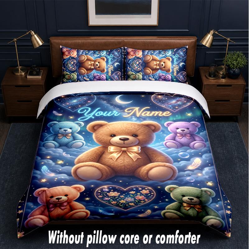 Teddy Bear Theme Custom Text Or Name 3Pcs Bedding Set,1 Flat Sheet & 2 Pillowcases Personalized Home Bedding