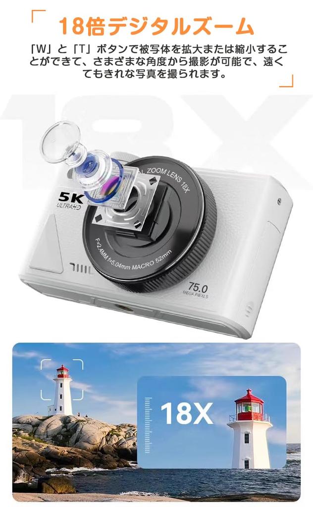 5K Digital Camera with Rotatable 32GB Micro SD 18x Digital and Autofocus Wi-Fi Transfer, 75MP, 180° Display, Card, Zoom, (White)