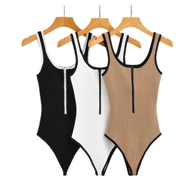 Letní dámské sexy body bez rukávů Pruhované pletené kombinézy na zip Ženy Slim Fit Volnočasové dámské kombinézy a kombinézy 24095