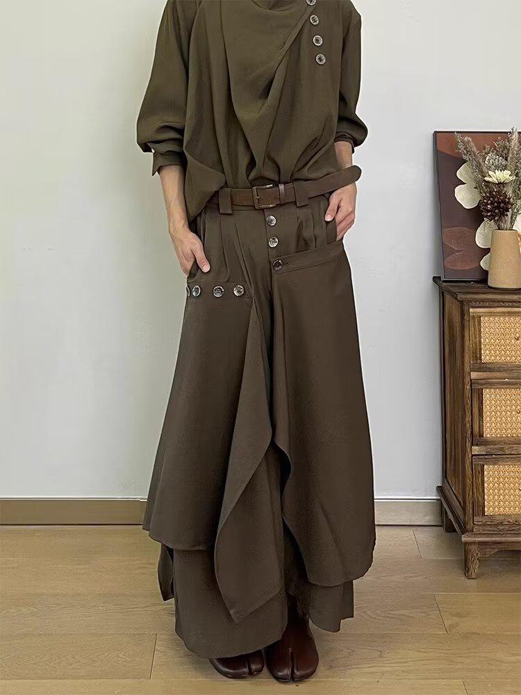 Men's Premium Japanese Nine-Point Wide-Leg Skirt Pants with Irregular Buttons