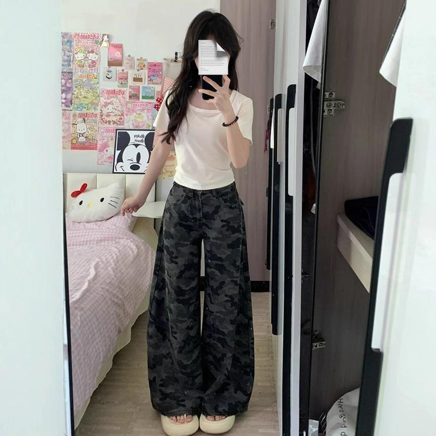 Comfortable Spring and Autumn Work Trousers Female Loose Wide Leg Trousers Draped Straight Camouflage Sports Casual Denim Trousers Long Denim Pants