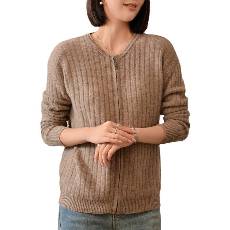 2025 Women's Thickened Wool Cardigan: Round Neck, Slimming, Warm Knit Sweater for Spring/Autumn