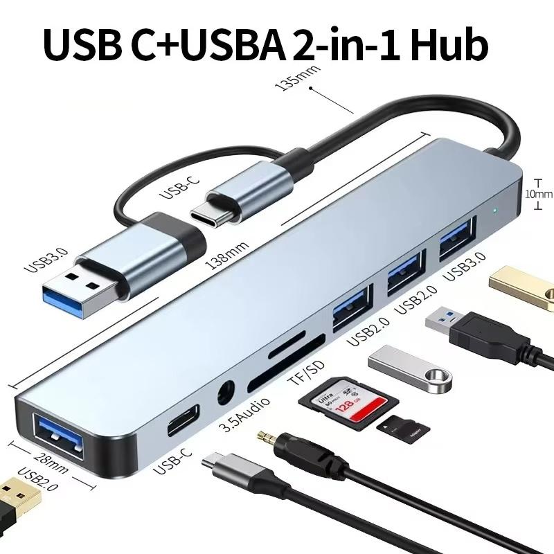 8 In 2 USB C Hub Expander Multiport Adapter Type C Splitter Dock USB 8 Port For Huawei Phone Tablet Fast Data Transfer Charging