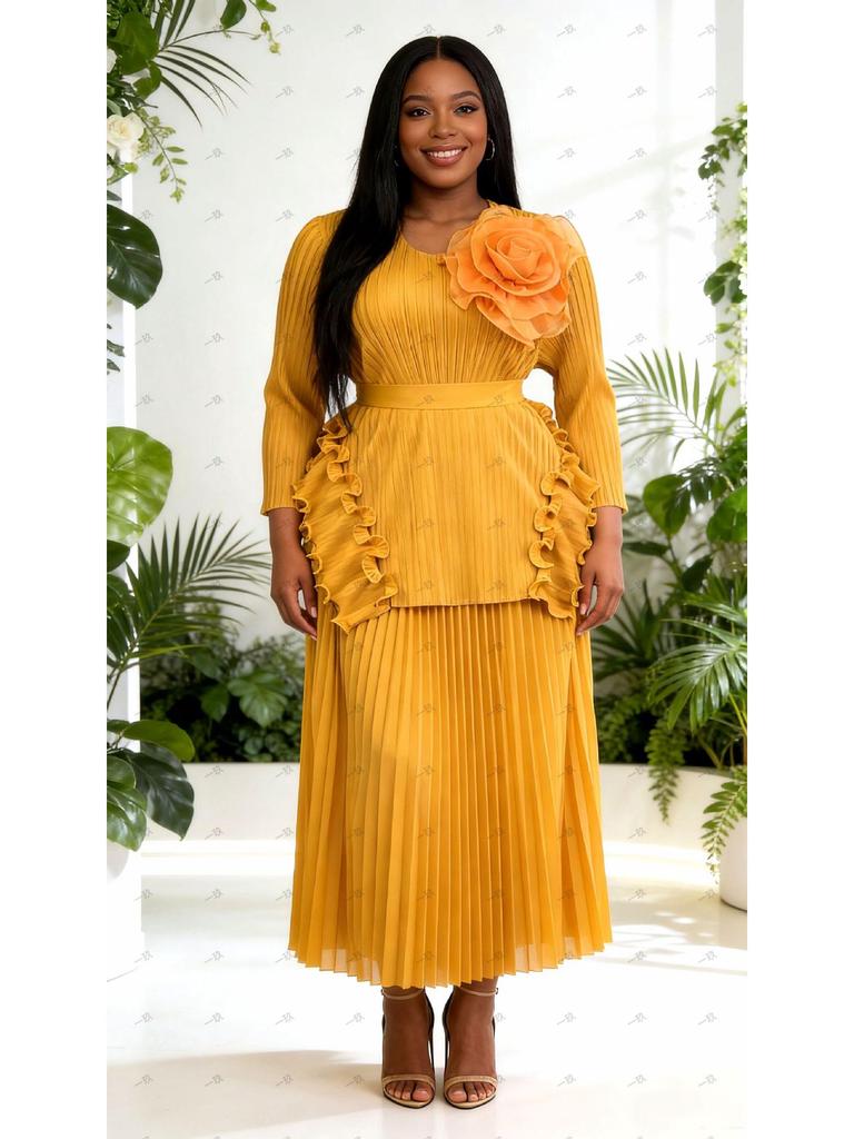 Miyake Plus Size African-Inspired Pleated Ruffle Irregular Two-Piece Set - Women's Fashion