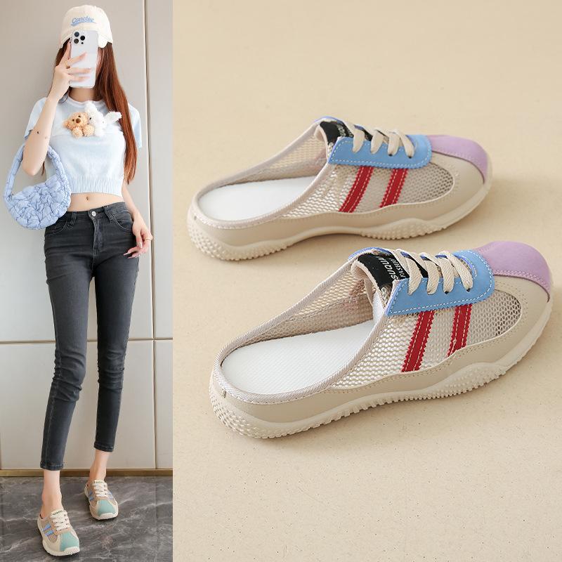 2025 summer cool slippers new Korean version ins schoolgirl half tray thick bottom heightening mesh breathable casual slippers