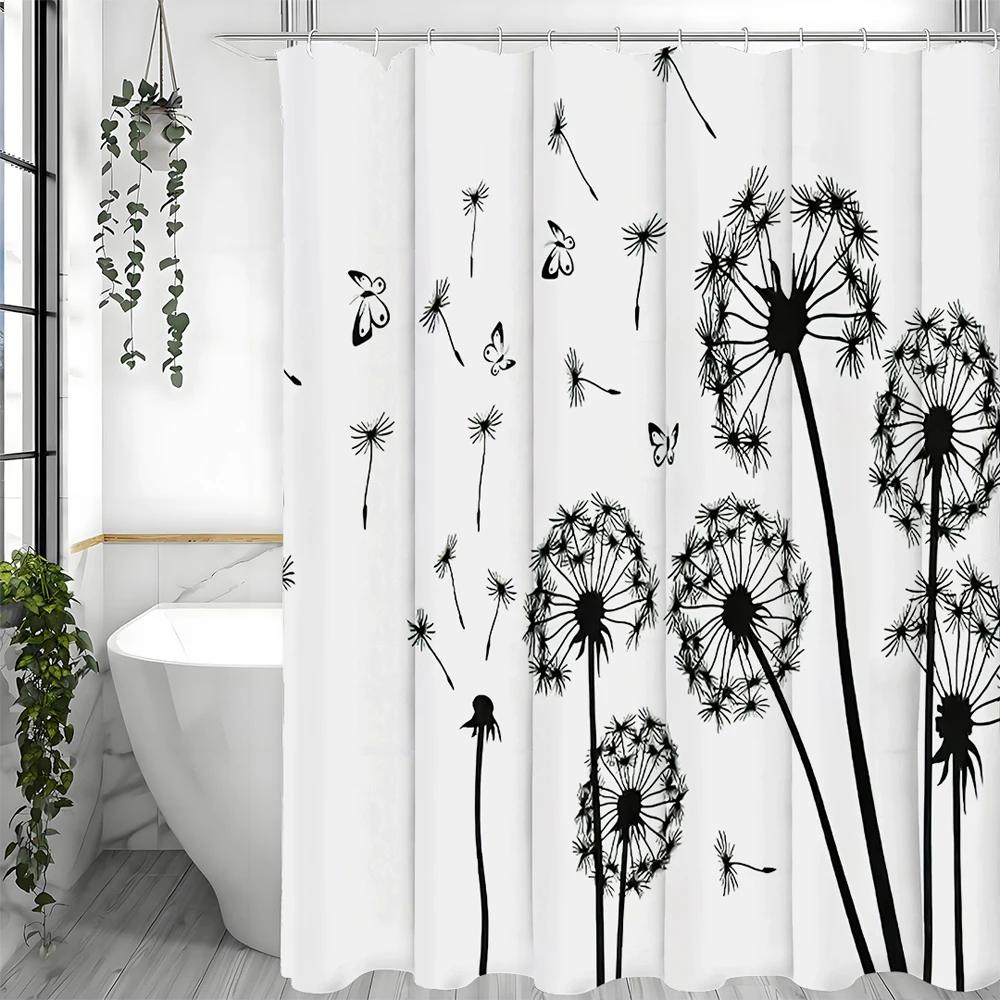 Black and White Dandelion Butterfly Shower Curtain, Bathroom Decorative Shower Curtain, Waterproof Shower Curtain with Hooks