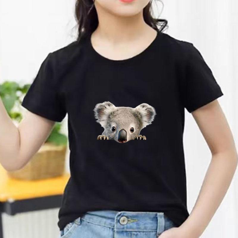 Bawełniany T-shirt dla dzieci Uroczy nadruk z wyłaniającym się koalą Okrągły dekolt Krótki rękaw Koszulka Casual Oddychająca Chłopcy Dziewczynki Letnie Topy