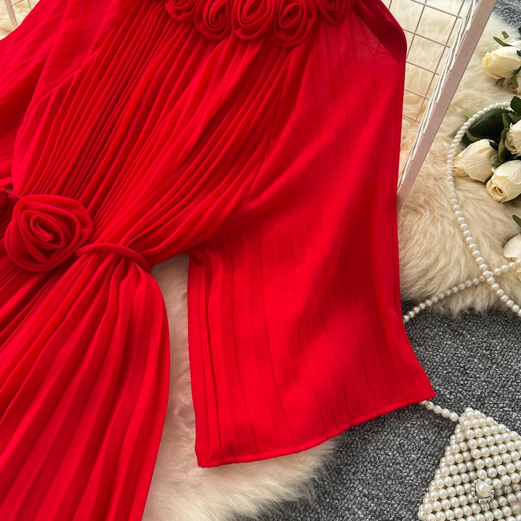 Spring Autumn Woman Dress New Flower Round Ne Seven-Quarter Sleeve Waist-Cinching Pleated Dresses for  Women Slimming Gown