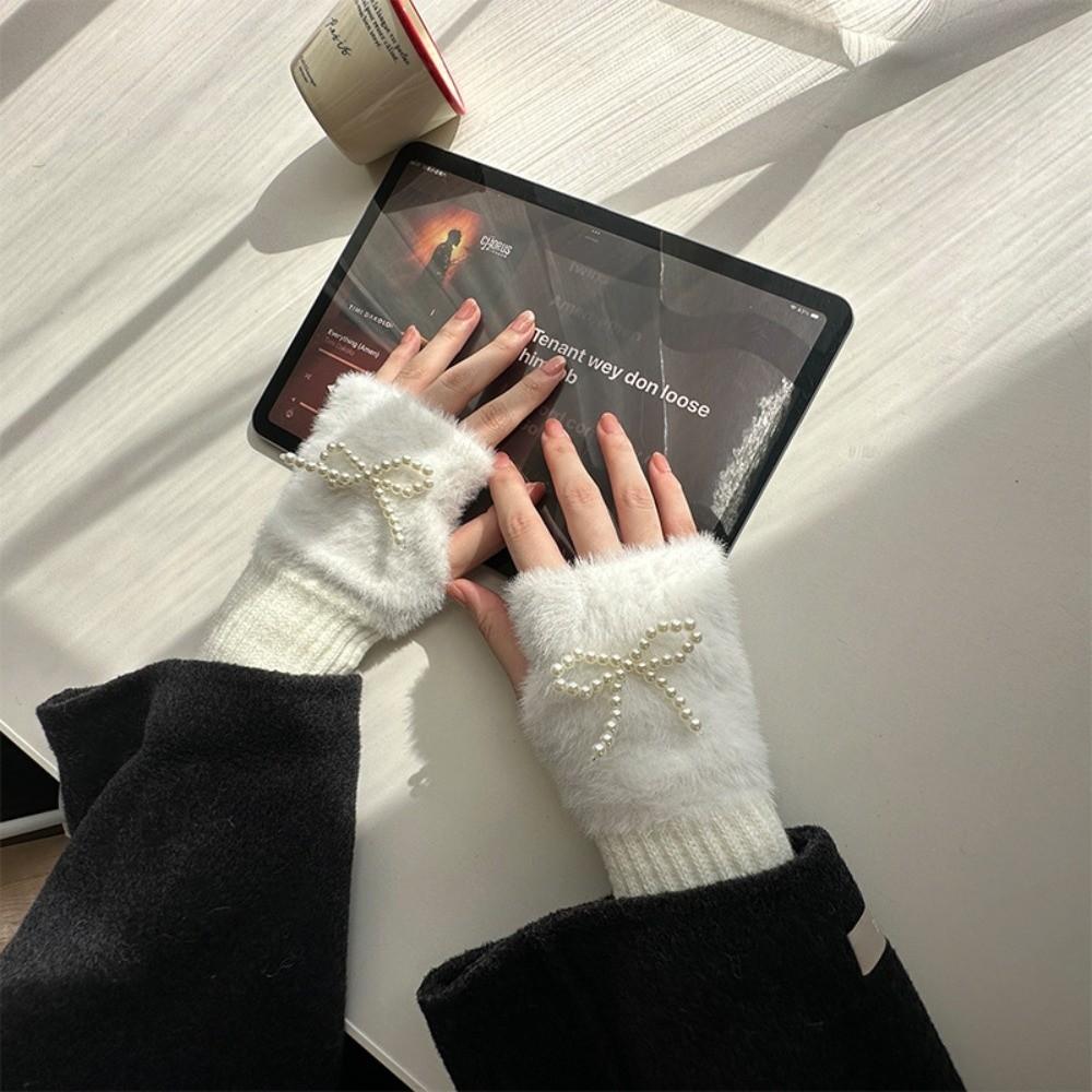 Pearl Bowknot Winter Fingerless Gloves Thickened Bow Gloves Softo= Wrist Sleeves Winter