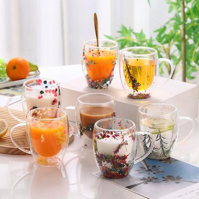 350ml Dried Flower Double Walled Glass Mug Cup Coffee Mug with Dry Flowers Decorative Flower Mug Double Wall Flower Cup