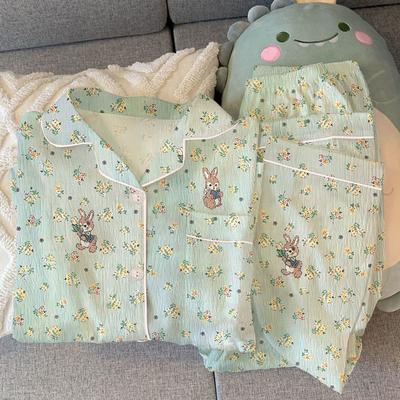 Conejo Floral Fresco Conjunto Nuevo de Pijama de Manga Larga para Mujer Tejido Arrugado Nicho Casual Ropa de Casa
