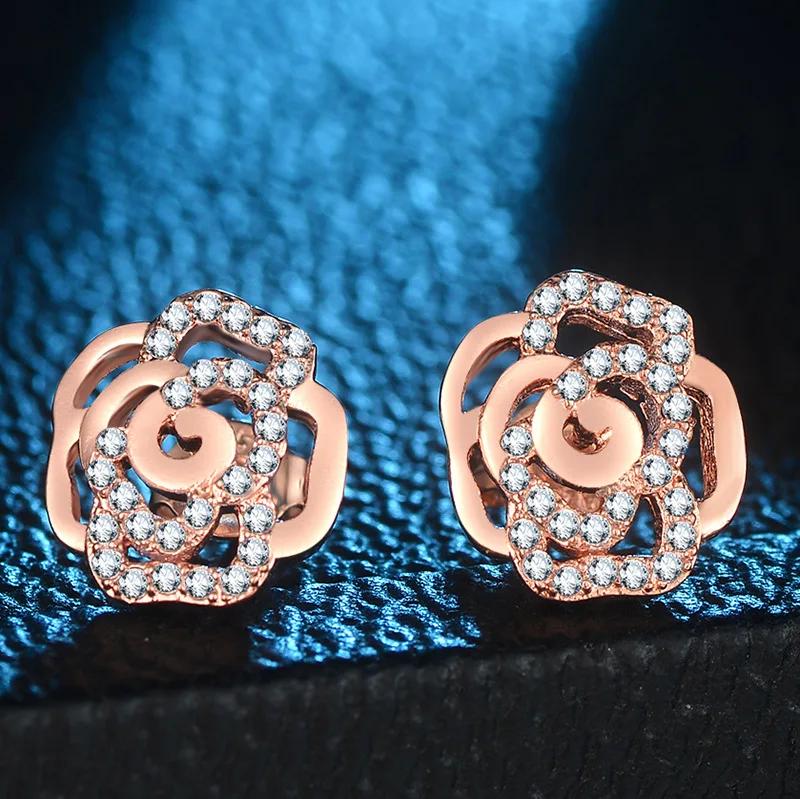 Modische 2-farbige Sterling-Silber schimmernde Rose Ohrstecker mit klarem Zirkonia für Damen Geburtstagsgeschenke
