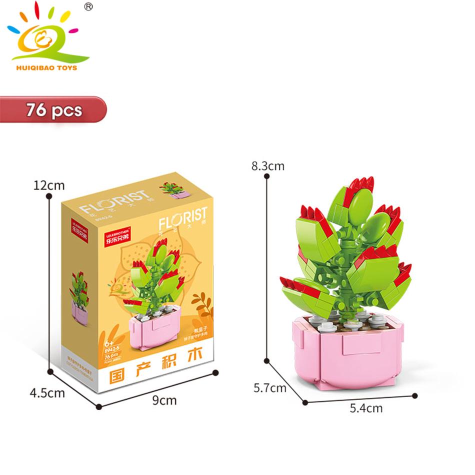 HUIQIBAO MOC Flower Succulent Potted Model Building Block DIY Eternal Bouquet Home Desk Plant Decor Brick Girl Gift Children Toy