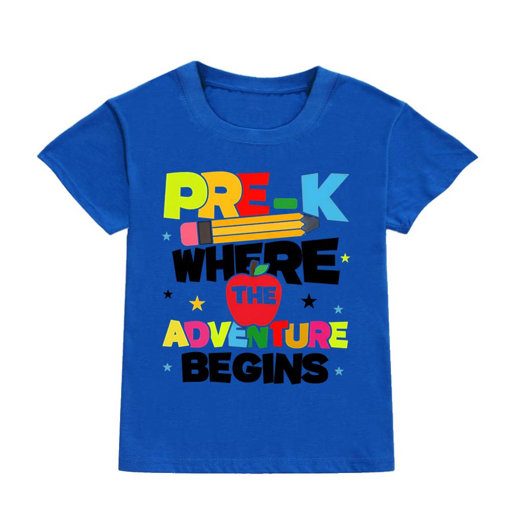 PRE-K WHERE THE ADVENTURE BEGINS Shirts Happy First Day of School Funny Tee Summer Casual Short Sleeved T-shirt