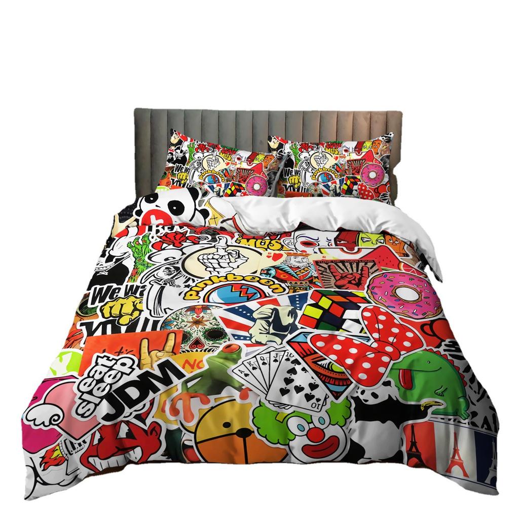 Kit 3D Digital Printing Cartoon Illustration Sticker Bed Three-Piece Quilt Cover Pillowcase