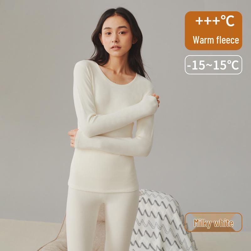 Women's Thickened Fleece Lined Slim Fit Round Neck Warm Underwear Set for Autumn and Winter