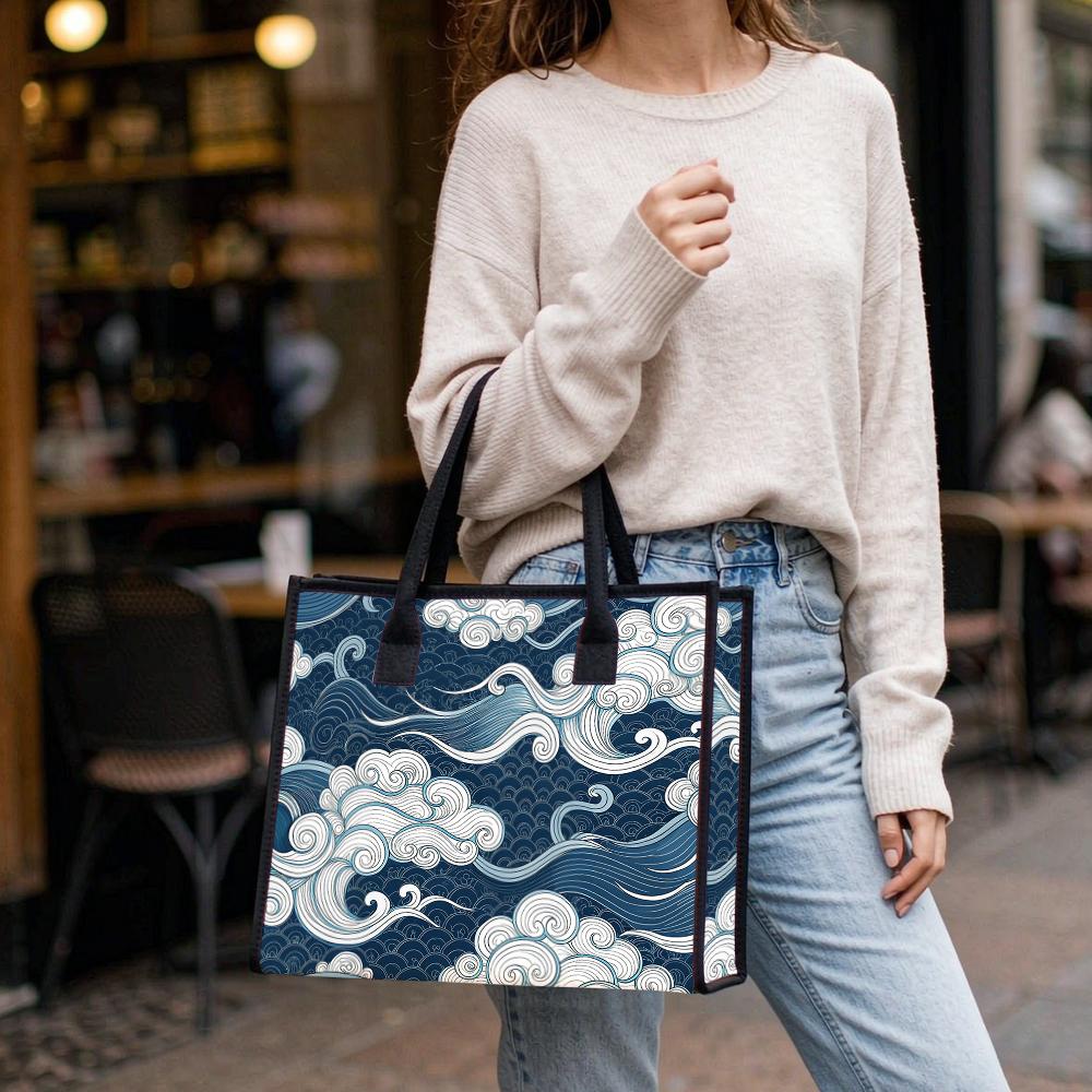 Japanese Wave Pattern Tote Bag Casual Large Capacity Daily Use Shopping Handbag for Ladies