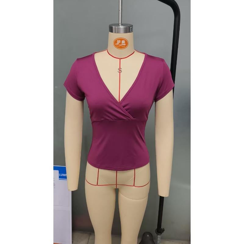 Spring Summer Slim Temperament Fashion Spice Deep V-neck T-shirt Women