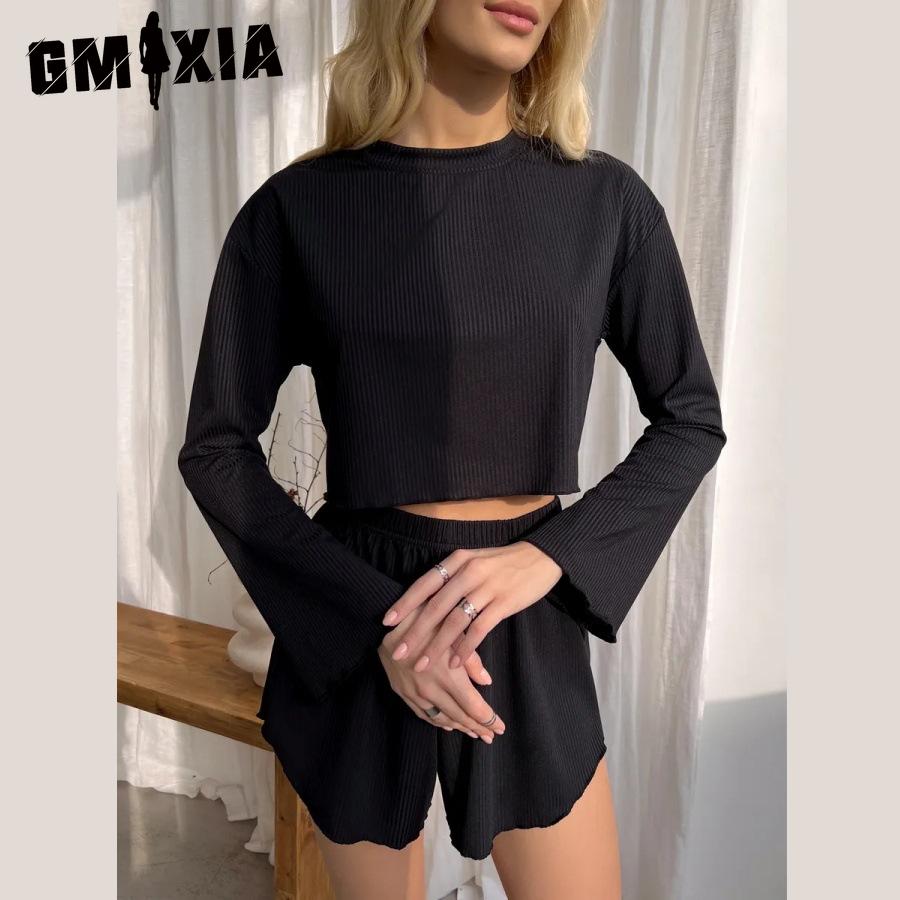 GMXIA Long Sleeve Shorts Autumn and Winter O-Neck Pajamas Two Piece Women's Home