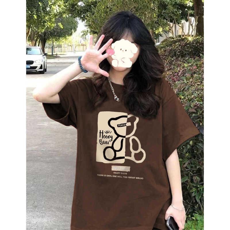Plus-Size Women's American Retro Brown Cartoon T-Shirt - Summer Pure Cotton, High Street Style, Loose Fit, Trendy Short Sleeve Top