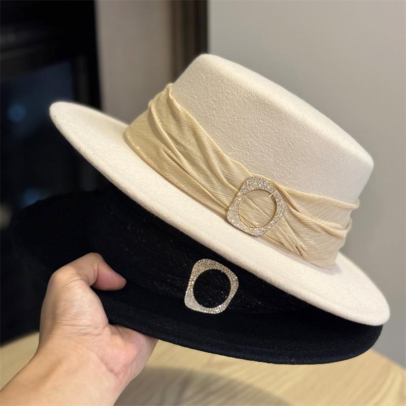 Retro British Style Elegant Woolen Hat High Sense Temperament Hepburn Style Celebrity Flat Top Bucket Hat Basin Hat Female Tide