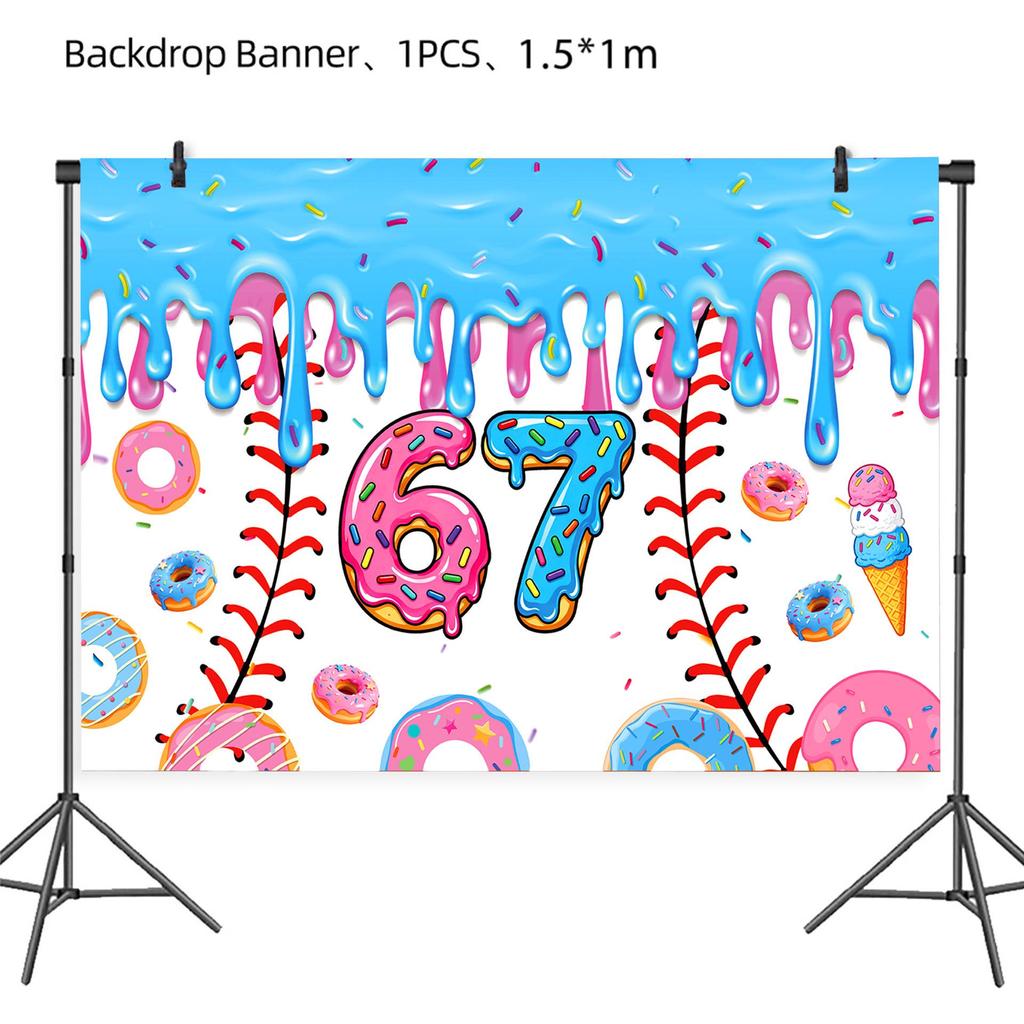 Baseball Theme Birthday Party Set: Ice Cream Donut Plates, Cups, Napkins, Tablecloth, and Cake Toppers.