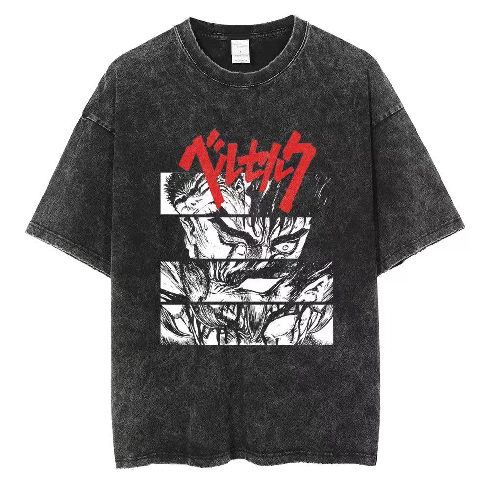 Berserk Print T-shirt Men Women Washed Vintage Japan Anime Oversize Streetwear Harajuku Summer Short Sleeve Tshirt Cotton Tops