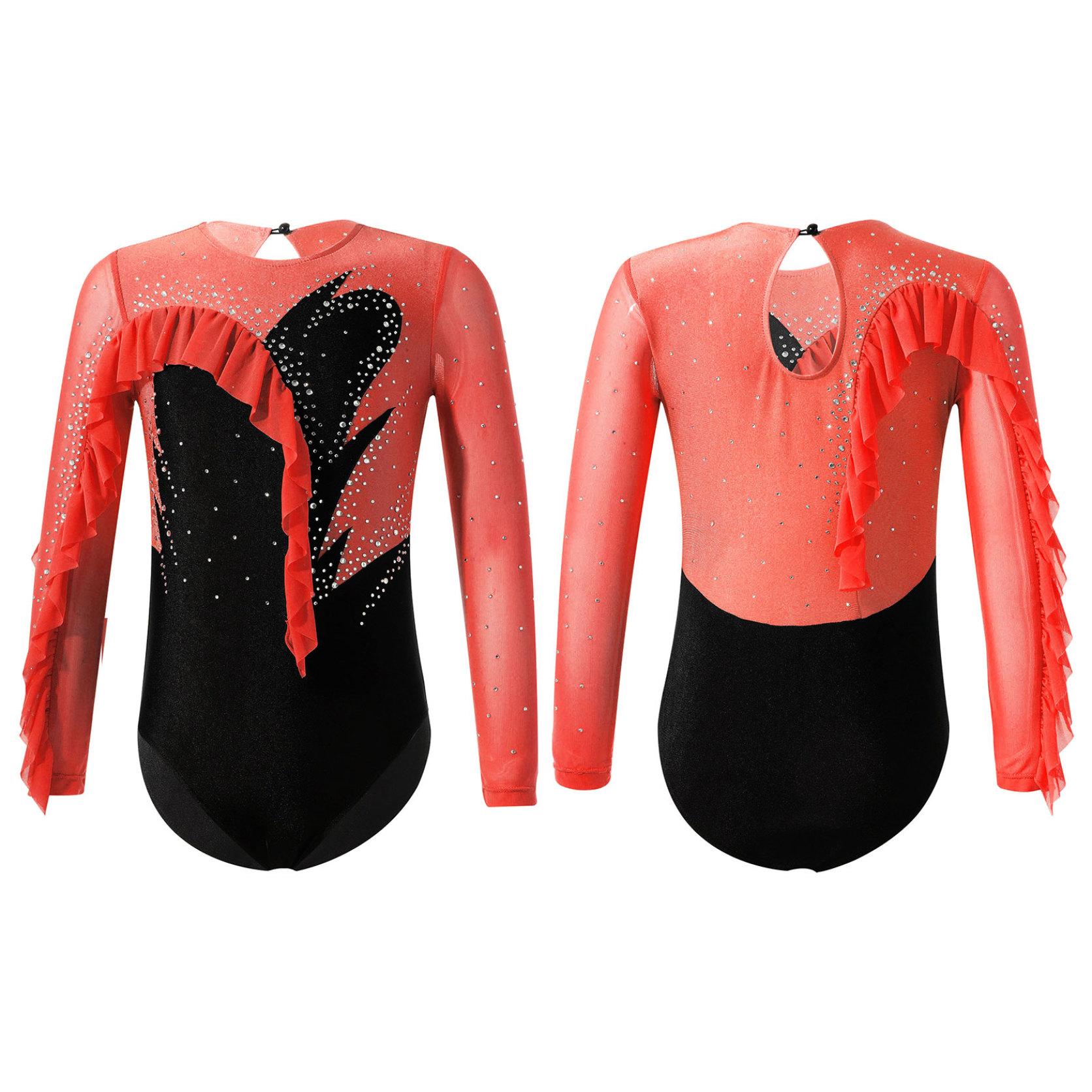 

Детский нарядный костюм для катания на коньках, джазовый латинский костюм для девочек, блестящие стразы, украшенные рюшами по краям, с открытой спиной, гимнастические танцевальные трико 9-10 Years красный