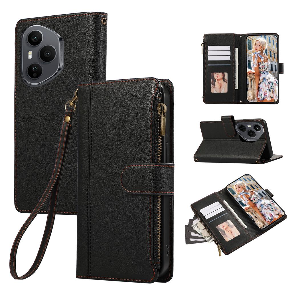 Dla Honor 400 Pro 5G (Światowy) Etui z wieloma przegródkami na karty, zapinane na zamek, skórzane etui na telefon z paskiem na nadgarstek