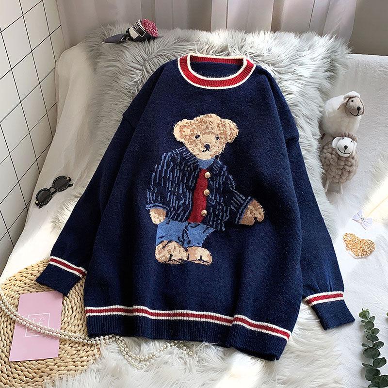 Vintage Cartoon Bear Embroidery Knitted Sweater Women Autumn Winter Harajuku Loose Pullover Korea Warm Sweet Kawaii Jumpers