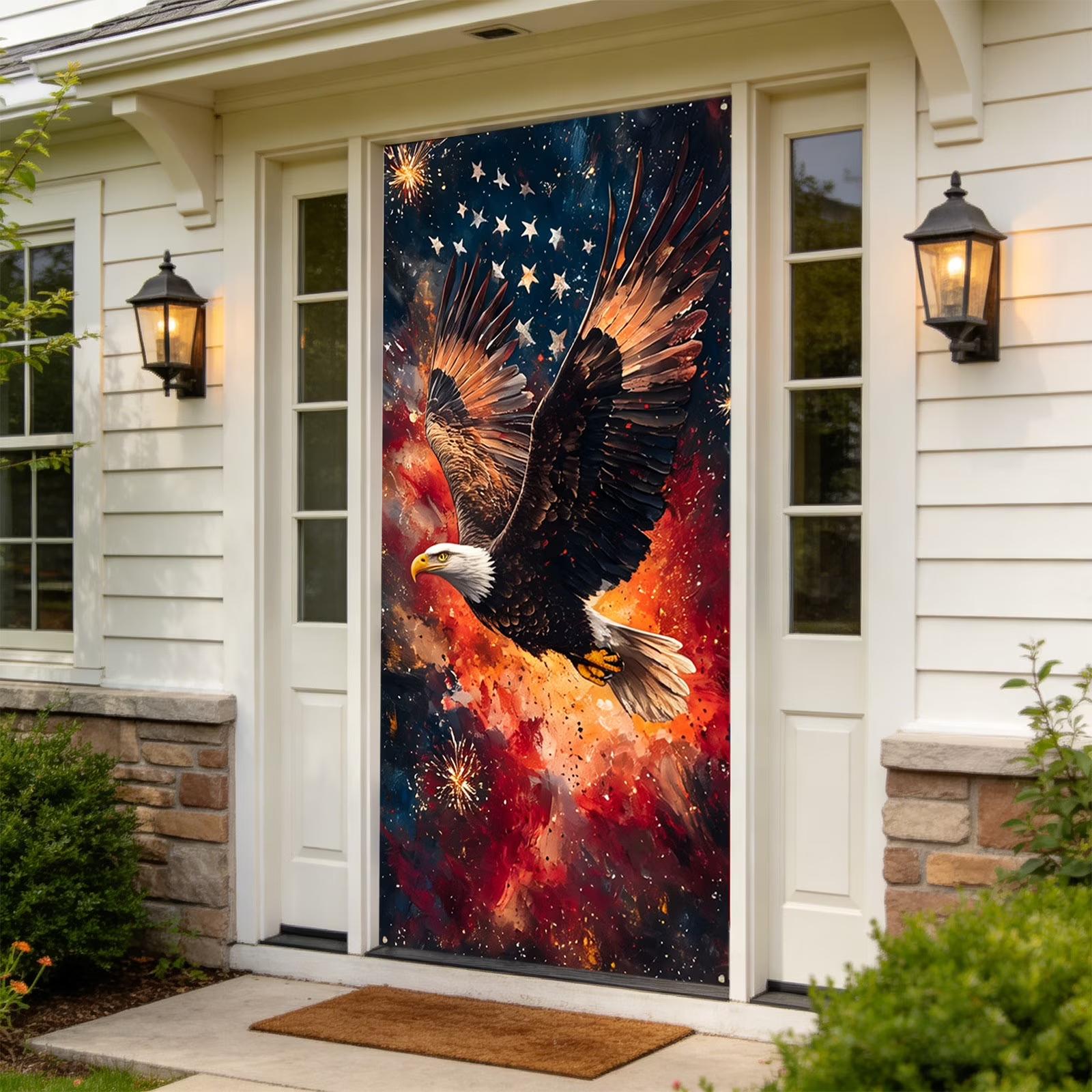 

Independence Day Decorative Door Banner 90x180cm Featuring Eagle and Musical Elements Suitable for Holiday and Event Decoration Indoor Outdoor Use One Size
