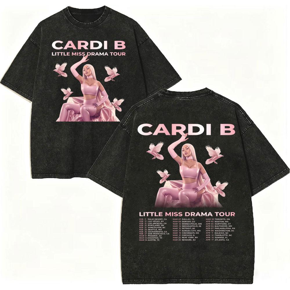 Vintage Washed Rapper Cardi B Graphic T Shirts Little Miss Drama Tour 2026 Tshirts Men Women Clothing Hip Hop Fashion Tshirt
