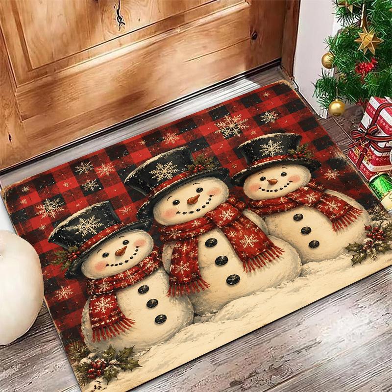 Snowman Plaid Christmas Door Mat Checkered Snowflake Print Non Slip Carpet For Holiday Season Home Entrance Decoration