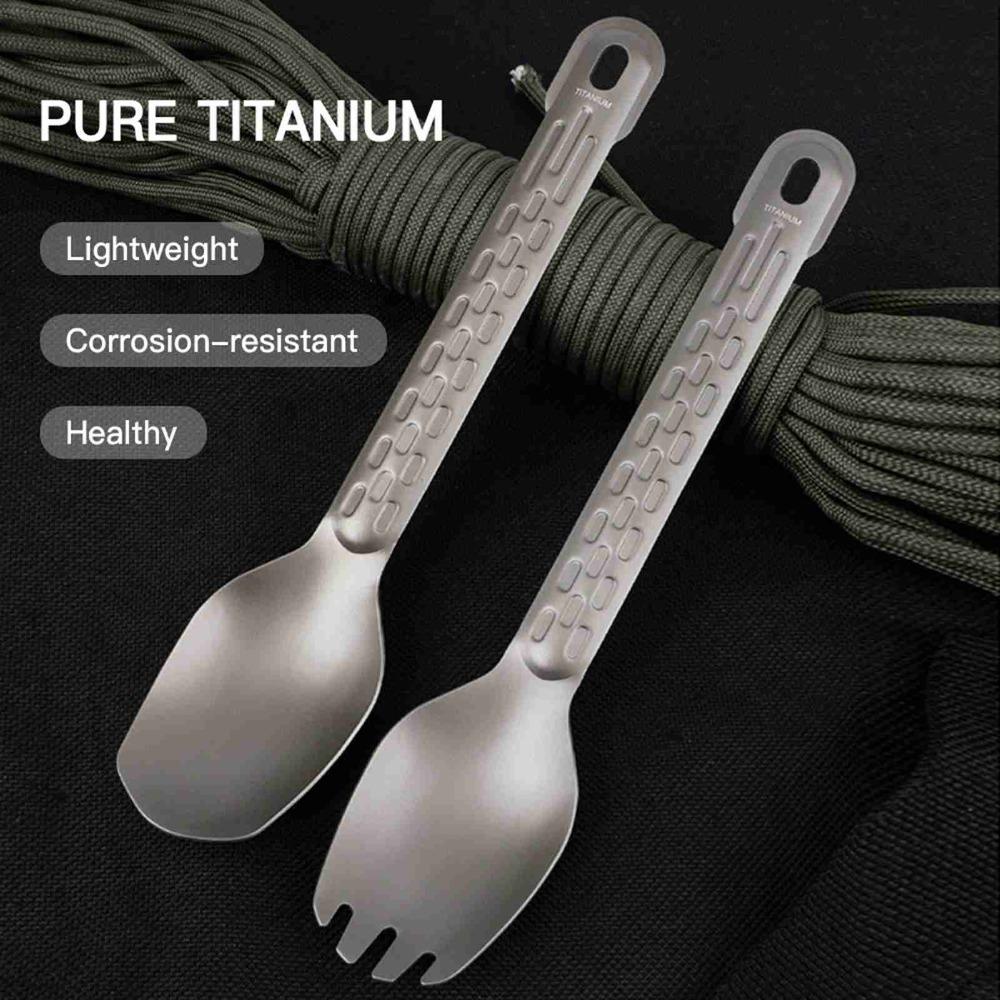 Pure Titanium Portable Eating Utensil Non-Slip Handle Lightweight Dinner Spork  Hiking