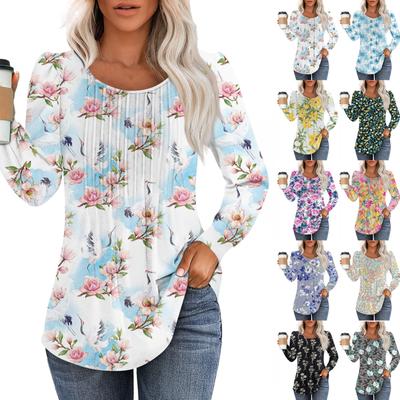Long Sleeve Shirts For Women Cute Print Graphic Tees Blouses Dressy Casual Blouses Pleated Scooped Neck Tunic Tops