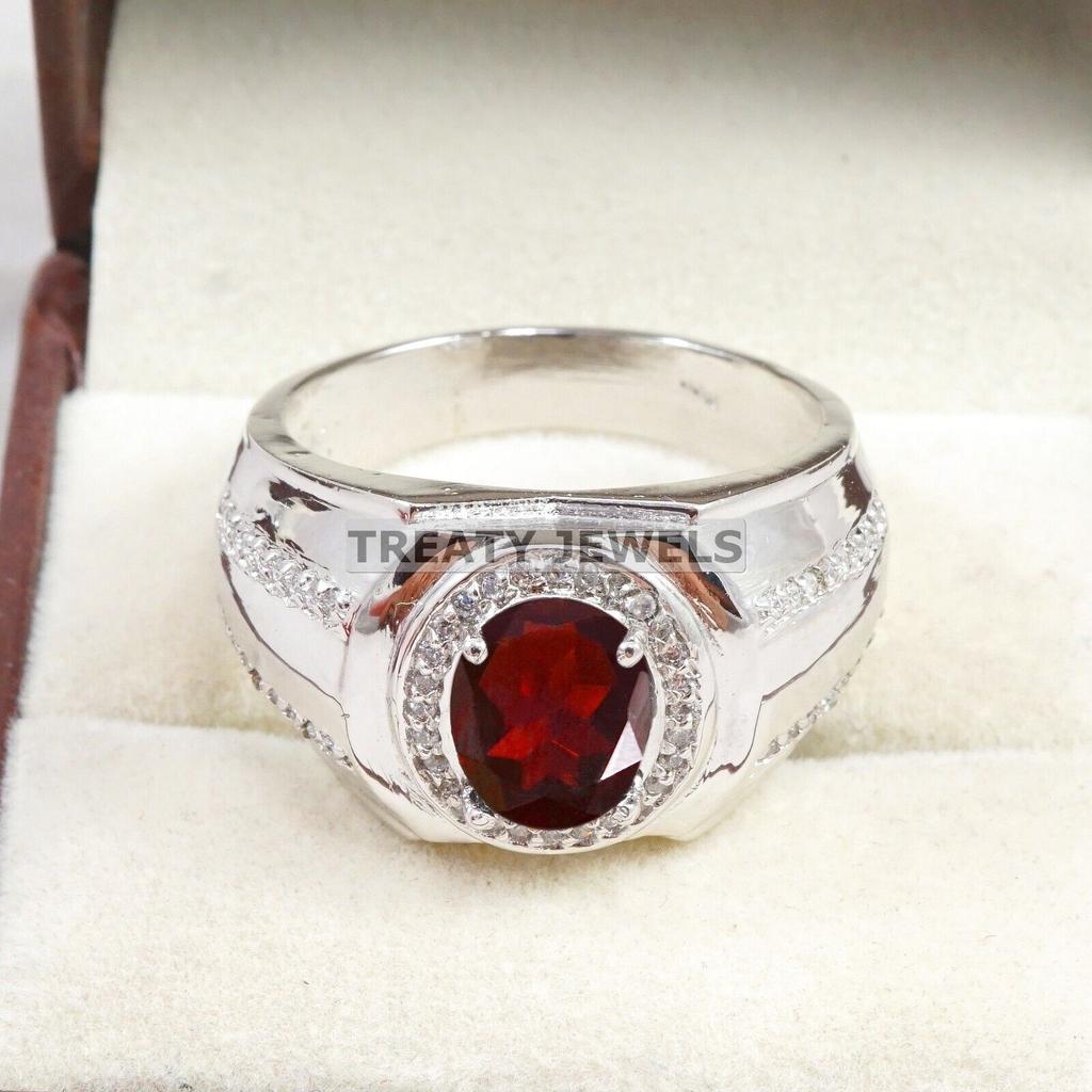 Garnet Oval Cut Gemstone With 925 Sterling Silver Ring For Men's #B107 JL375671448798