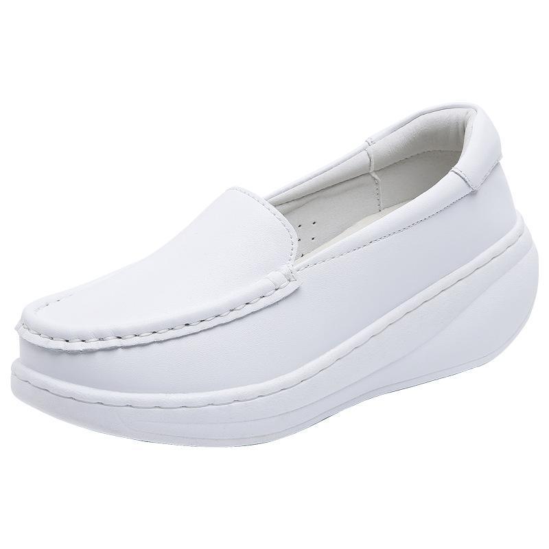 Cowhide nurse shoes women's breathable soft sole is not tired, foot slope heel white thick sole heightening rocking shoes muffin medical shoes