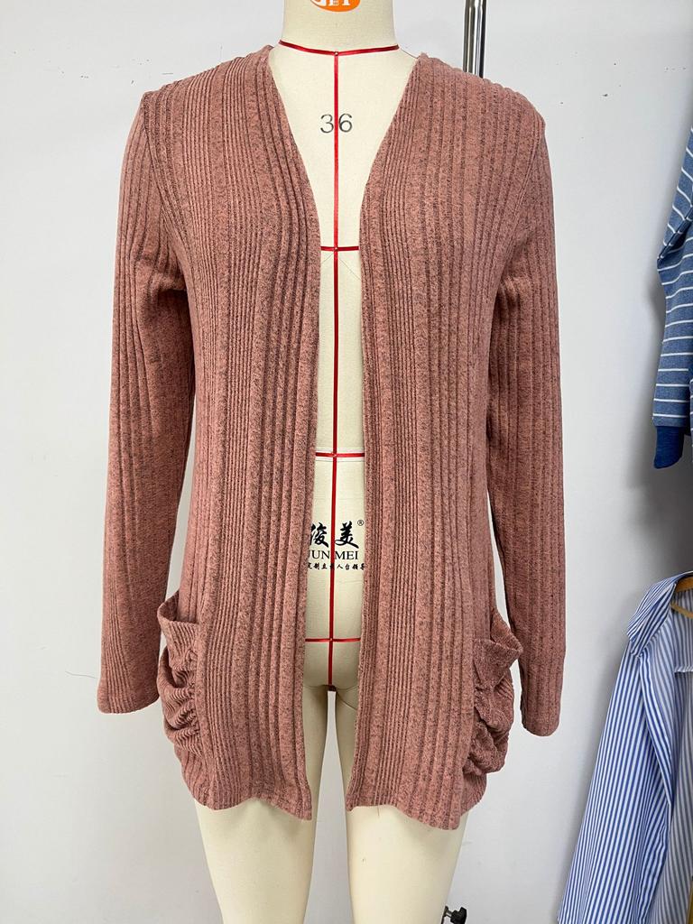 Women's Collarless Long Sleeve Cardigan Loose Fit Casual Style Solid Color Pocket Ribbed Knit Long Outerwear Coat For Autumn Daily Wear