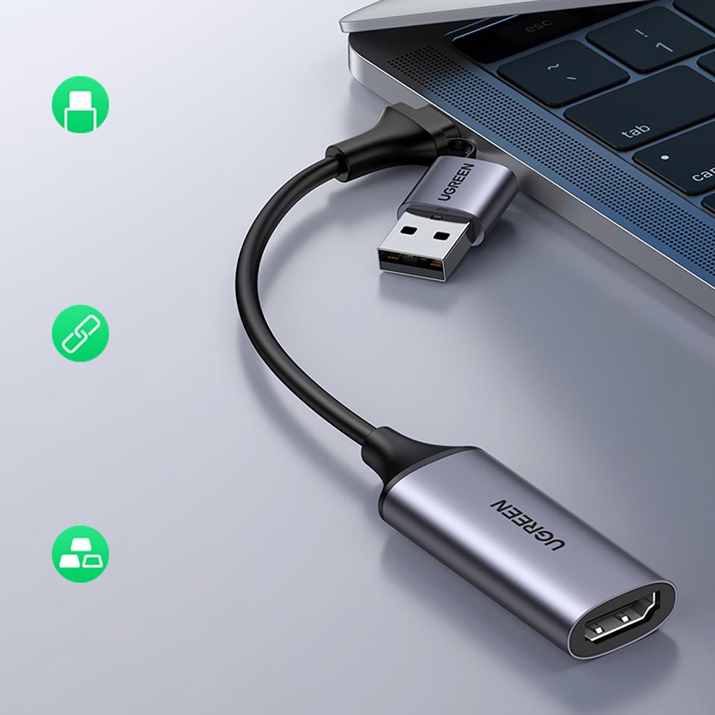 Ugreen CM489 HDMI Female to USB-A/USB-C Male Adapter, Gray