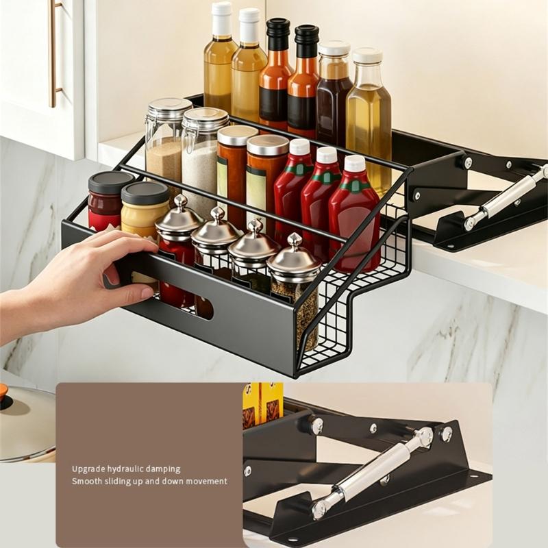 Kitchen Cabinet Seasoning Shelf, 3 Level Carbon Steel Storage Design with Guard Rails for Bottle Sorting and Access