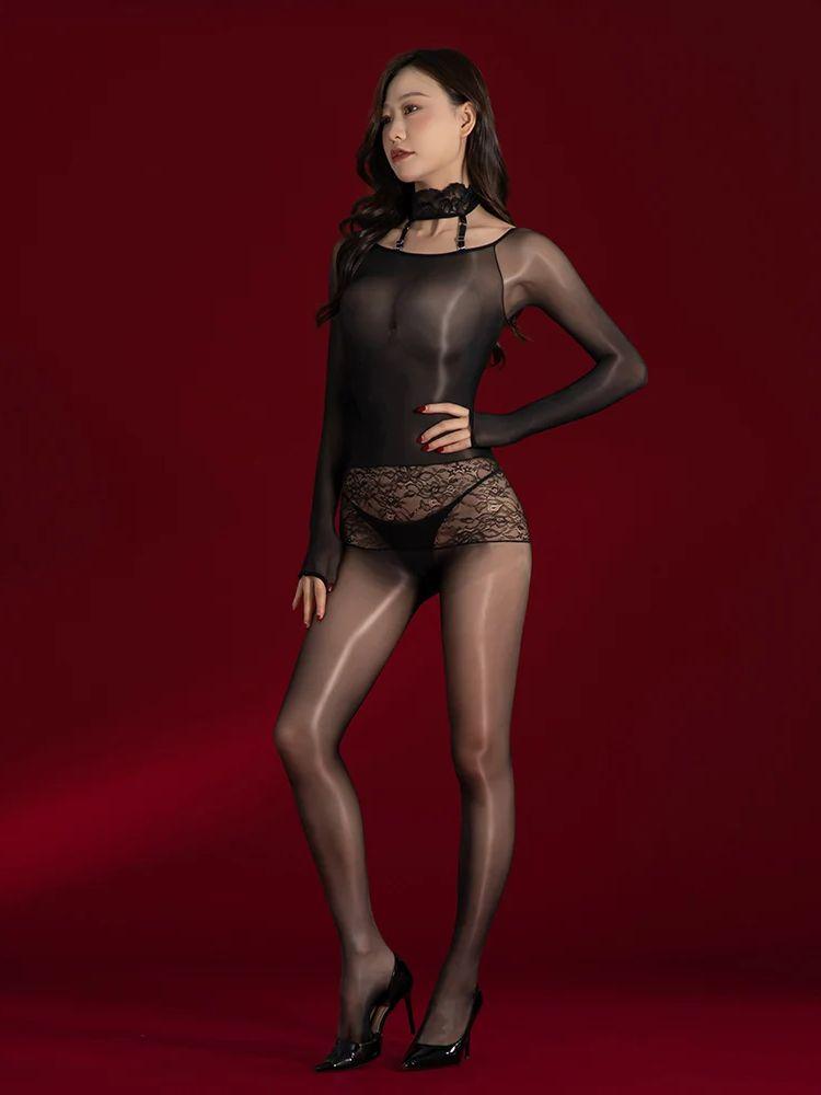 Sexy Women Lace Waist Patchwork Bodysuit Oil Glossy Shiny Bodystockings Sheer See Through Bandage Tight Halter Maid Leotard