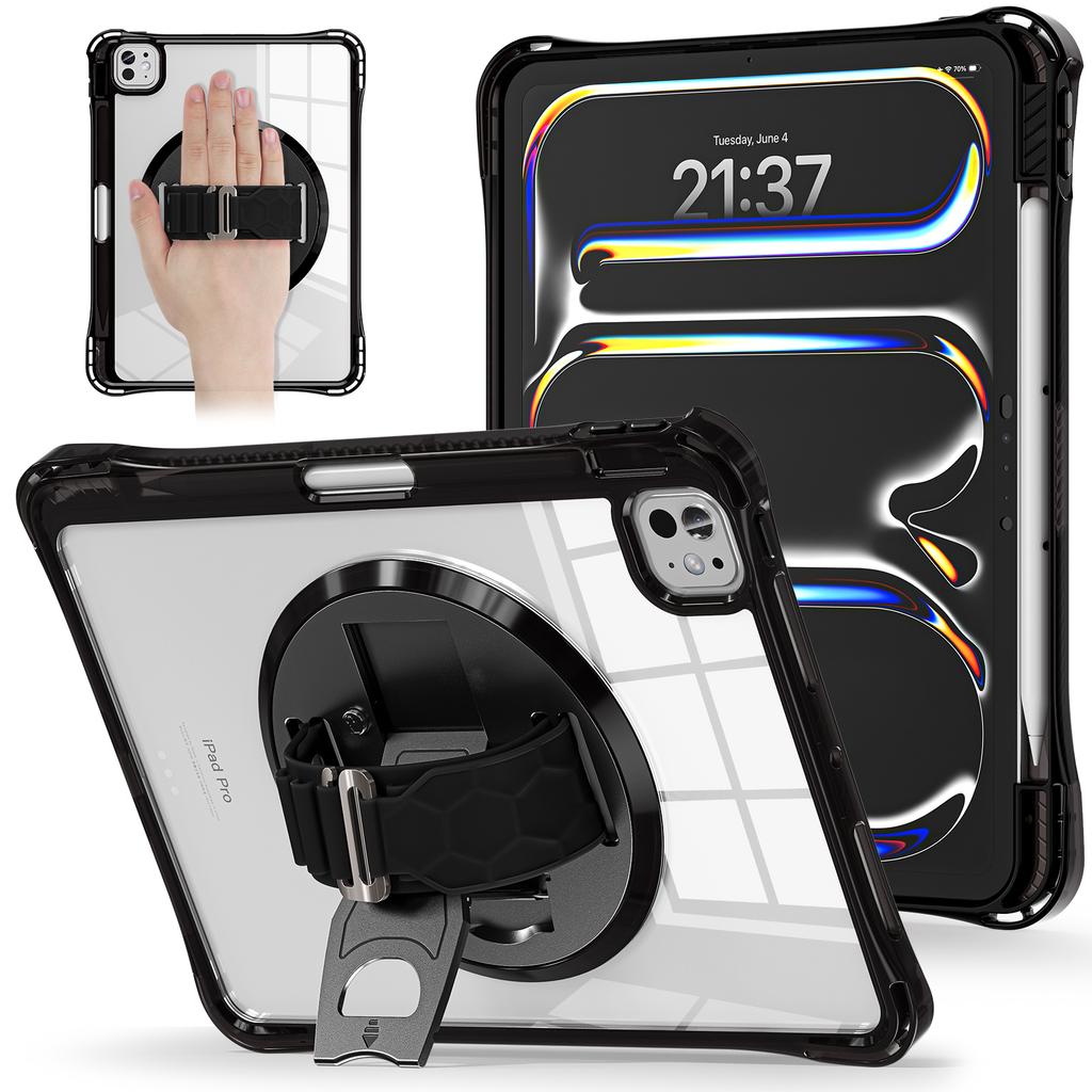 For iPad Pro 11 (2024) Case Hand Strap Kickstand PC+TPU+Acrylic Clear Tablet Cover