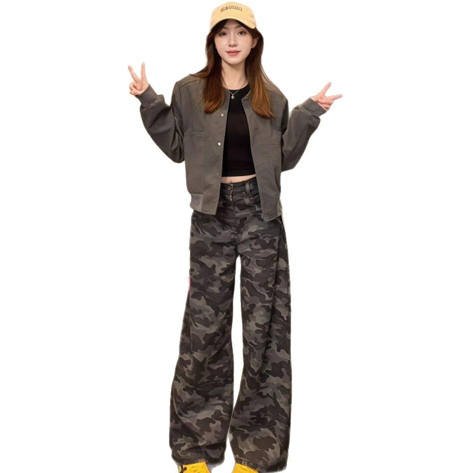 

Comfortable Hundred Match Camouflage Jeans Female Trendy Loose Cover Meat Straight High Waist Wide Leg Skinny Casual Ins Trousers Long Denim Pants XS