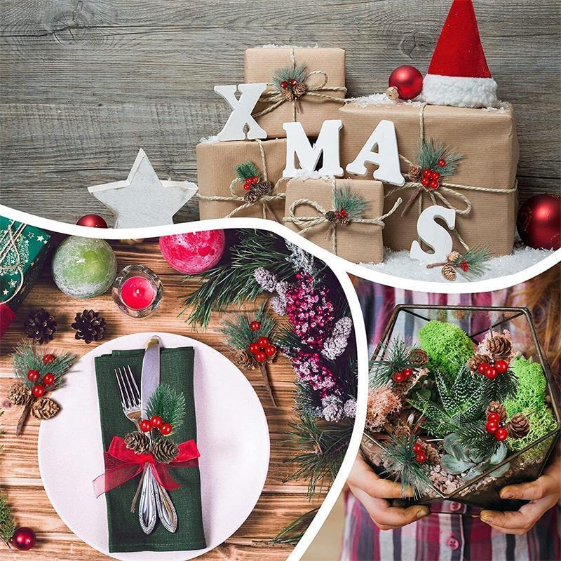 24Pcs Christmas Artificial Flower Red Berry Pine Cone Holly Xmas Party Decor