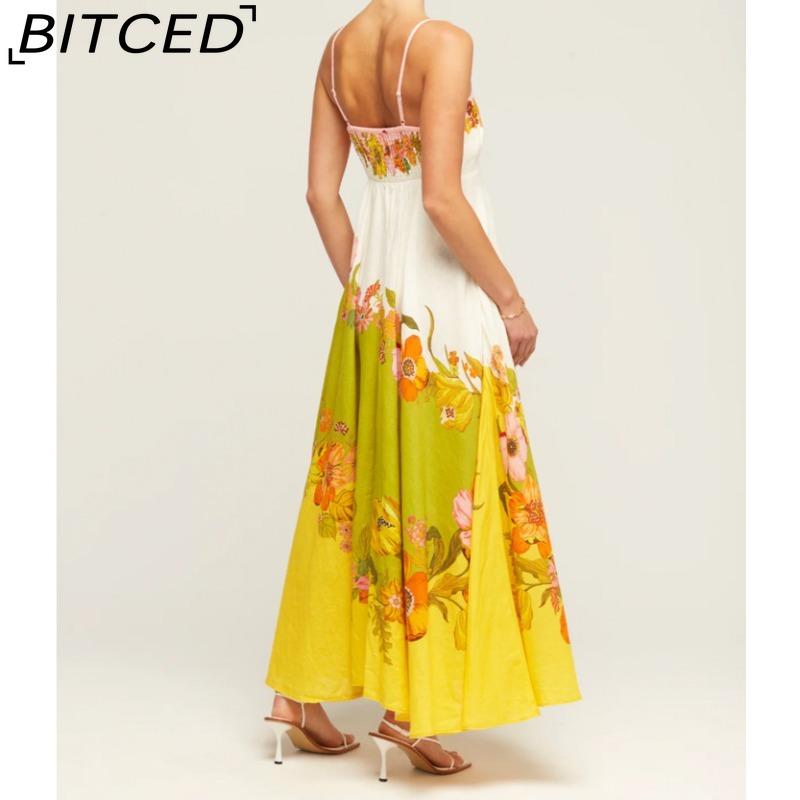 BITCED Spring/Summer Casual Maxi Dress for Women Spaghetti Strap Printed Linen 9 Colors Full-Skirted Dress