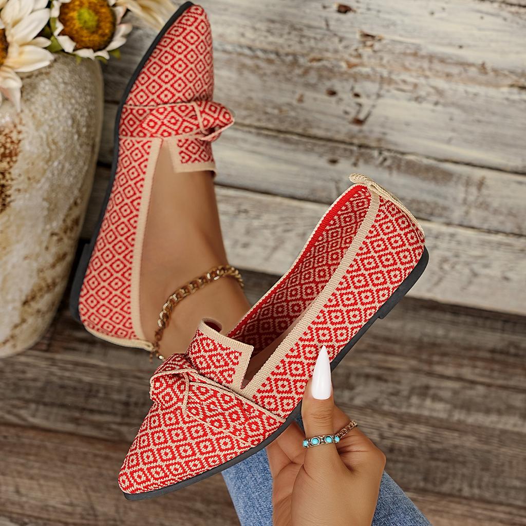 Fashion Women Flats Spring Large Size Walking Sneakers Women Pointed Toe Low-top Bow Loafers Fashion Printed Knitted Flat Shoes Women